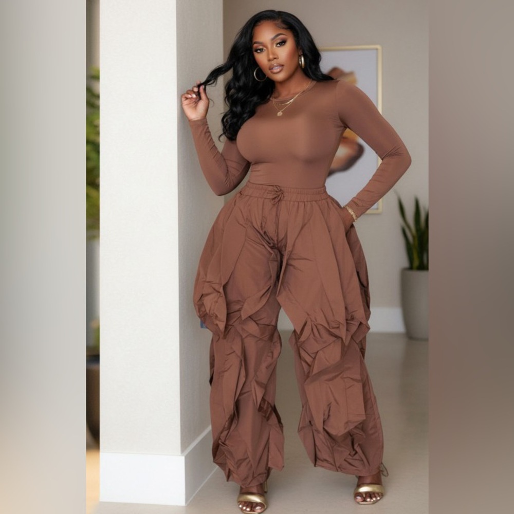 Brown Ruffles Pants & Bodysuit Set